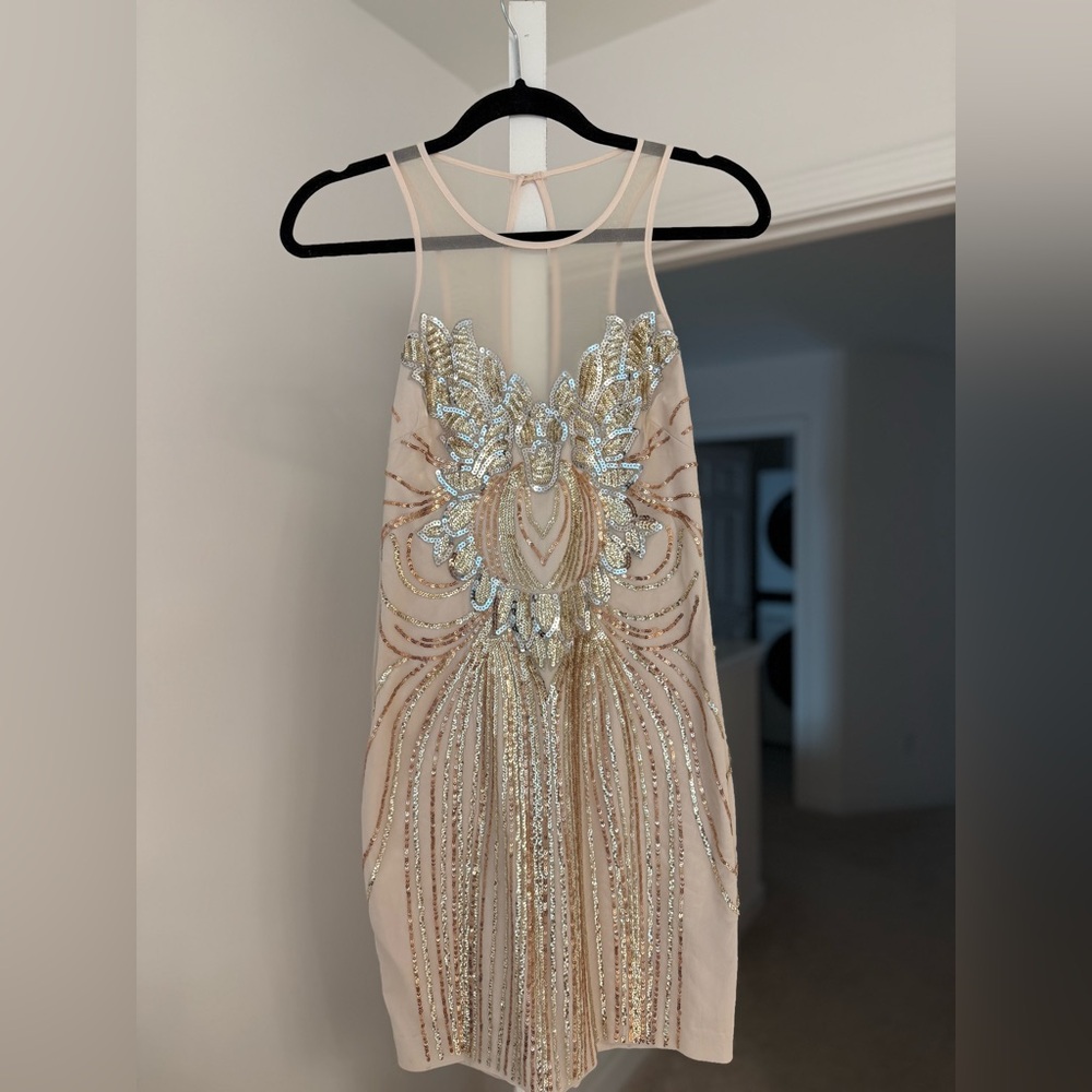 Bebe Gold and Silver Embellished Backless Dress